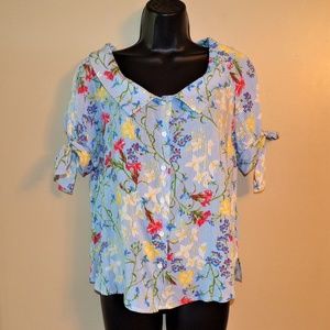 City Vibe Blue & White Stripe Flowered Button Top